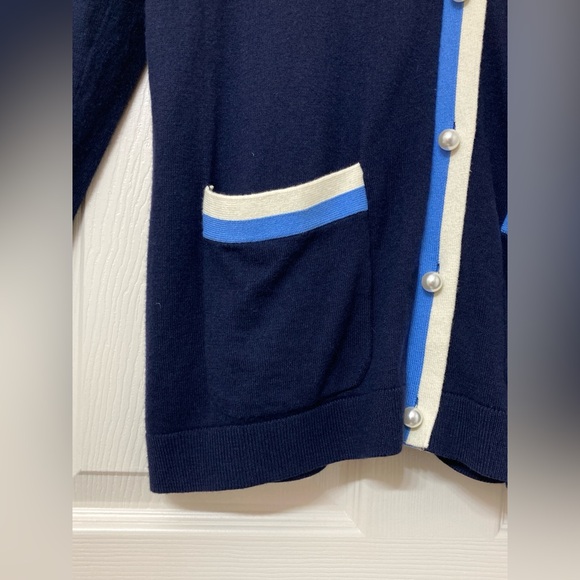 Talbots Cashmere Blend Navy Striped V Neck Cardigan Tennis Sweater Large Varsity - Picture 3 of 7